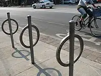 Bike bollards along a bike path in Toronto.