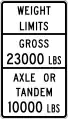 Texas: maxweight=23000 lbs maxaxleload=10000 lbs maxbogieweight=10000 lbs (specify unit as pounds)