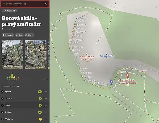 Showing climbing crag on the map (Prokopské údolí, Czechia)
