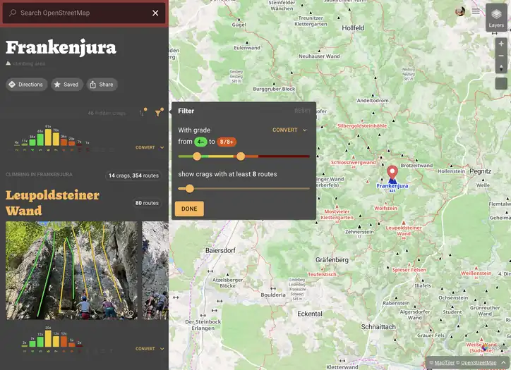 Filtering crags in climbing area (Frankenjura, Germany)