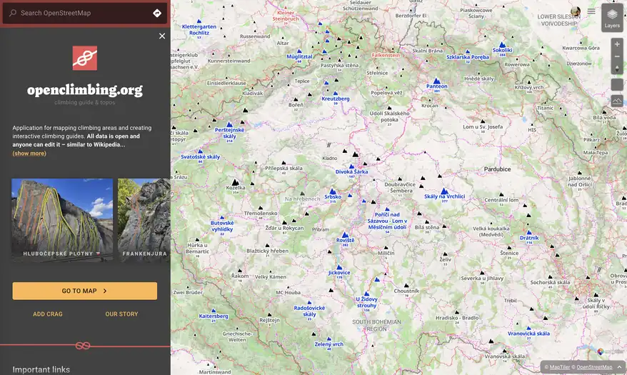 Map of the climbing areas in Czechia