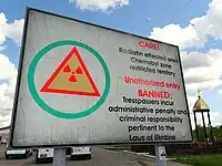 Sign at the entrance to the Chernobyl Exclusion Zone, Ukraine (boundary=hazard + hazard=nuclear)