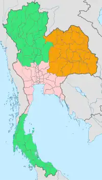 Map of Thailand showing the four-region division system
