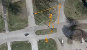 Spotting a pole-mounted siren in 6-inch orthoimagery: Rotating horn Battery backup Base (where to place the node)