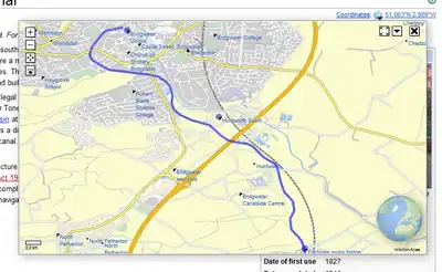 OpenStreetMap data, KML overlay (blue line), and additional article coordinates (blue dots). February 2012