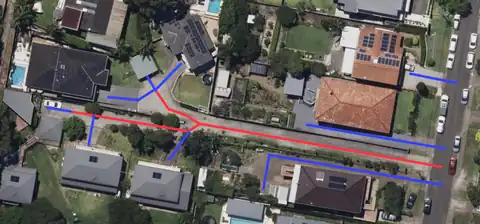 Red highlights the shared driveways and blue highlights the normal driveways