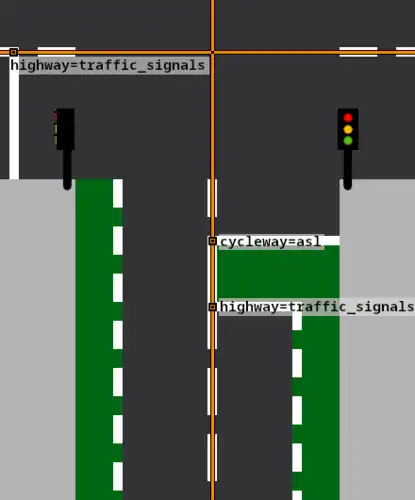 Example with multiple highway=traffic_signals nodes placed on the stop lines for motor traffic