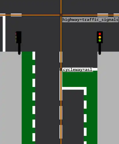 Example with a single highway=traffic_signals placed on the intersection node