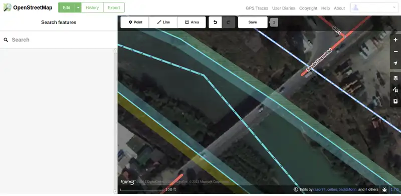 Map representation of a road intersecting a water flow.