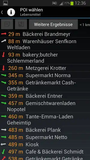 Umliegende POIs suchen, Öffnungszeiten auf einen Blick (rote/grüne/graue Pfeile)