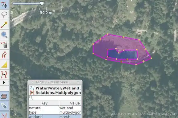 Hit ctrl-b or pull down Menu/Tools/Create Multipolygon and tag as wetland