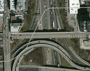 The path of this former railway goes through a modern day highway interchange.