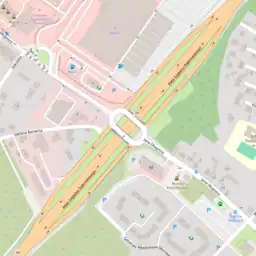 A typical grade-separated interchange between a highway=primary and a highway=tertiary. Ramps tagged as highway=primary_link – matching the higher classification. This is how a vast majority of interchanges will look like.