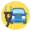 a blue car on a yellow background and a an dark brown electrical plug with a yellow flash symbol on it