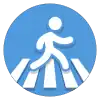 a person on a zebra crossing walking or running to the right. The elements are white on a blue background.