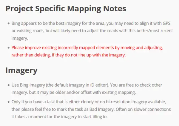 Concrete instructions as to which aerial images (satellite or, for example, provided drone images) to use and what to map (buildings, water, schools, etc.)