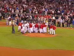 The Red Sox celebrate their clinching of the 2003 AL Wild Card with a victory over the Baltimore Orioles.