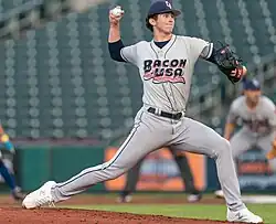 Andrew Painter pitching in a Bacon USA jersey for the Lehigh Valley IronPigs in 2025