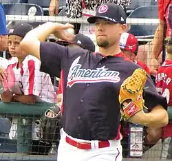 Blake Treinen throwing a ball in the warm up event before the 2018 MLB All-Star Game