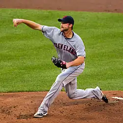 Derek Lowe pitching in a gray Cleveland uniform