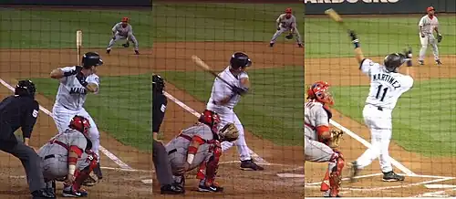 Three sequential photos of Edgar Martínez swinging during a plate appearance in 2004