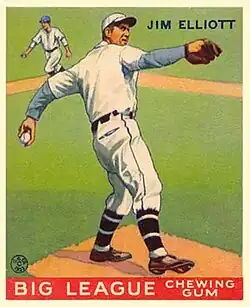 A baseball card image of a man in a white baseball uniform and cap standing atop a dirt mound on a grass field and throwing a baseball with his left hand