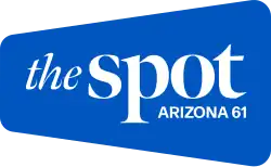 The words "the" in an italic thin serif and "spot" in a bolder serif, with "ARIZONA 61" in smaller sans serif print in the lower right corner, in an angled rounded rectangle