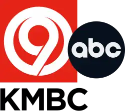 In a red box, a white stylized circle and geometric sans serif 9. The ABC network logo sits atop it and overlaps on the right side. Left aligned with the red box are the black letters "K M B C" in a sans serif.