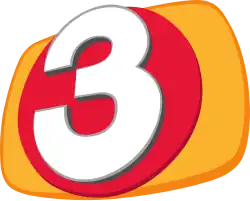 A white sans serif 3 on a red circle atop a yellow rounded rectangle, viewed in perspective and rendered in 3D.