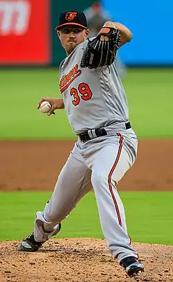 Kevin Gausman, in a gray Orioles jersey, throwing a pitch off the mound