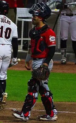 A man in a red baseball jersey, gray pants, and black catcher's gear