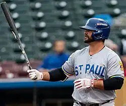 Mike Ford, pointing his bat forward while batting, in 2025 with the St. Paul Saints.