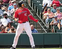 Mitch Garver, in a red uniform top, holding his bat in front of him in the batters box