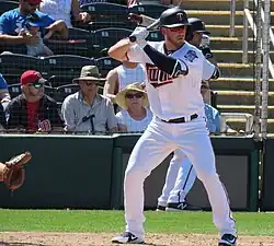 Mitch Garver in his batting stance, in a white Minnesota Twins uniform