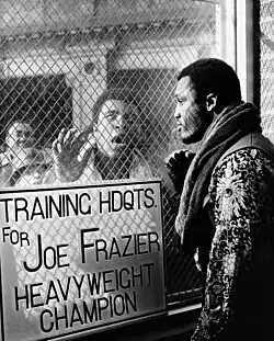 A photograph taken by Kalinsky to promote the Fight of the Century, showing Muhammad Ali outside Joe Frazier's training headquarters