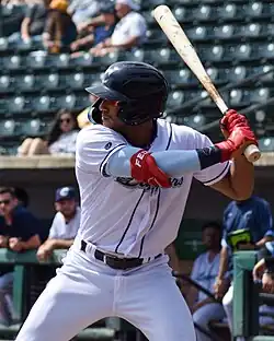 Richie Palacios batting with the Columbus Clippers in 2023