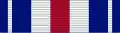A horizontal blue bar ribbon charged with two thin white bars off of the left and right ends and three equal-width bars in the center (red in the center surrounded by white on either side)