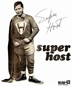 At left, a full body portrait of the "Superhost" character (similar in design to Superman, with a triangular shield on his chest with "SH". Other distinguishing marks are a red nose and a lavalier microphone around his neck. At top right, an autograph from Sullivan (reading "Super Host"). At middle right, "super host" in two lines of text. At bottom right, "WUAB 43 Lorain Cleveland" in the Transamerica-United Artists typeface.