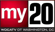 A red box with the white letters "my" next to a white box with the black letters 20 and beneath, "W D C A TV DT Washington, DC"