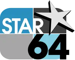 A rounded rectangle divided into blue and gray parts with the word STAR in white, a pointed silver star with black shadow in the upper right, and a black 64 in a sans serif in the lower right corner.