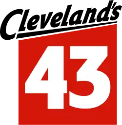 At top left and at an angle, "Cleveland's" in black script lettering. Underneath this, a red box with white "43" lettering.