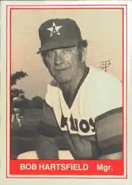 A 1982 Auburn Astros baseball card with Bob Hartsfield, in uniform, looking forward. Text: "BOB HARTSFIELD Mgr."