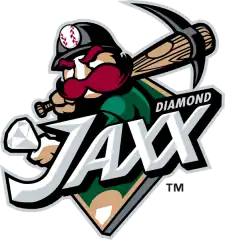 A logo depicting a miner with a pickax in place of a bat holding out a diamond as if prepared to toss it up in the air and take a swing at it
