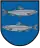 A coat of arms depicting a silver fish swimming to the right on the top and another fish swimming to the left on the bottom all on a blue background