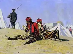 Two Hawks by Vasily Vereshchagin, showing two Bashibazouks held captive by the Romanian and Russian armies.