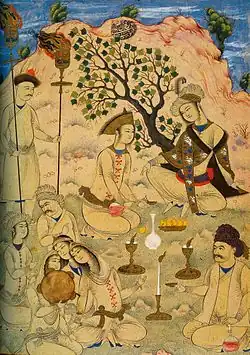 "A prince being entertained in the countryside" (also called "Nighttime Picnic") by Muhammad Qasim, miniature c. 1650