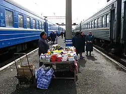 Almost every station on Trans-Siberian Railway has food sellers, often local vendors who sell local food such as fish (like Baikal omul), pirozhki, and potatoes. Besides food stands, there are also small kiosks.
