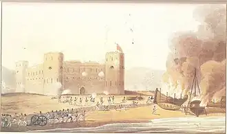 A painting of soldiers, a fortress, and burning ships
