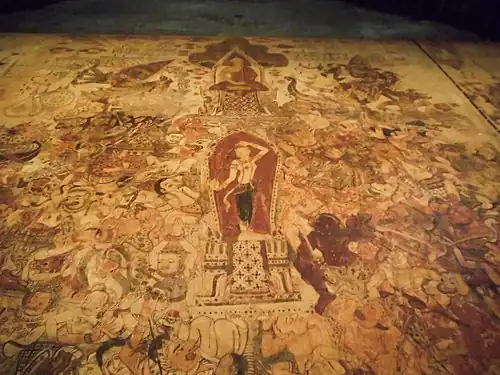 Buddhist mural in Wat Ko Kaew Suttharam, Phetchaburi; mural painting in Siam flourished during the late Ayutthaya period in the 18th century.