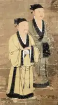 Scholars wearing zhiduo-robes and rujin (儒巾) headscarf. Various kinds of headscarves became fashionable among the commoners and the educated gentry.